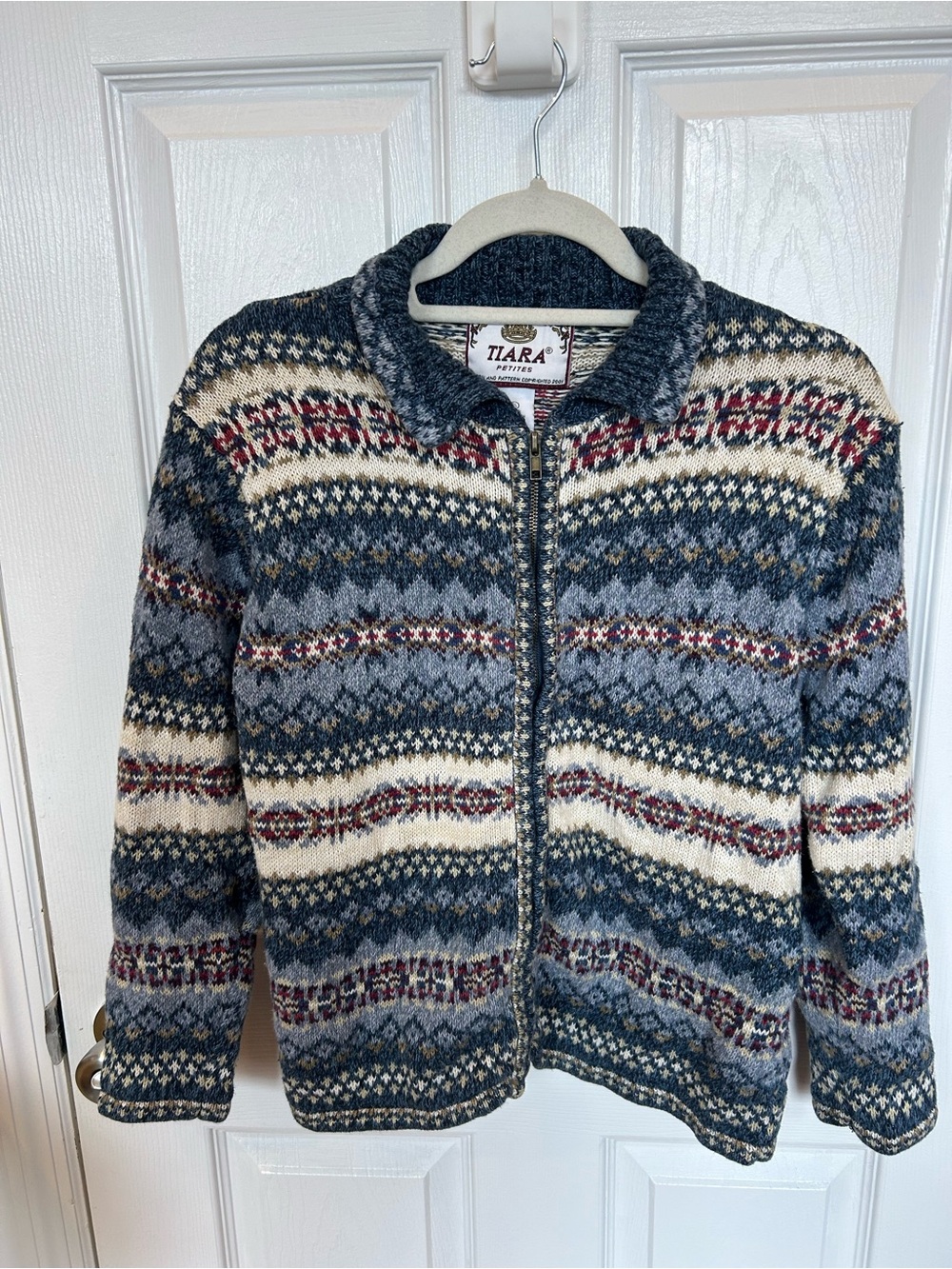 Vintage Tiara Fair Isle Knit Zip Cardigan - Gray, Cream, Burgundy